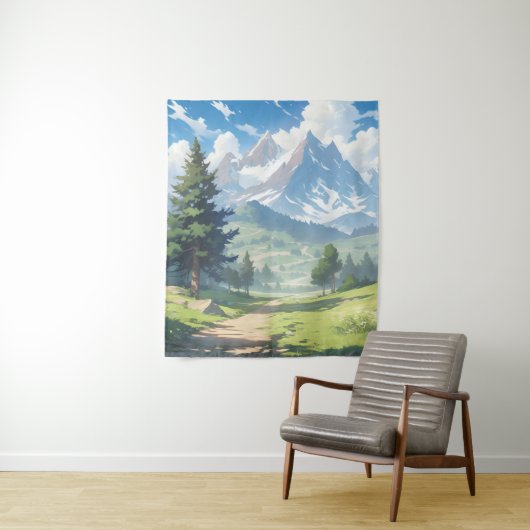 Met sneeuw bedekte bergen en weelderig groen bos wandkleed (In situ)