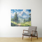 Met sneeuw bedekte bergen en weelderig groen bos wandkleed (In Situ (horizontaal))