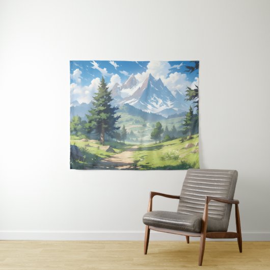 Met sneeuw bedekte bergen en weelderig groen bos wandkleed (In Situ (horizontaal))