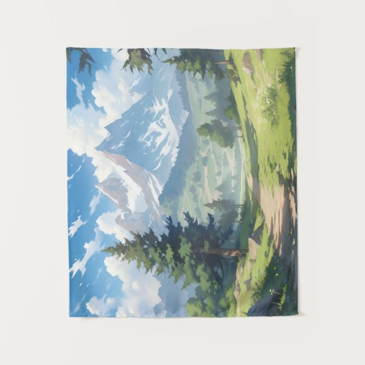 Met sneeuw bedekte bergen en weelderig groen bos wandkleed (Voorkant)