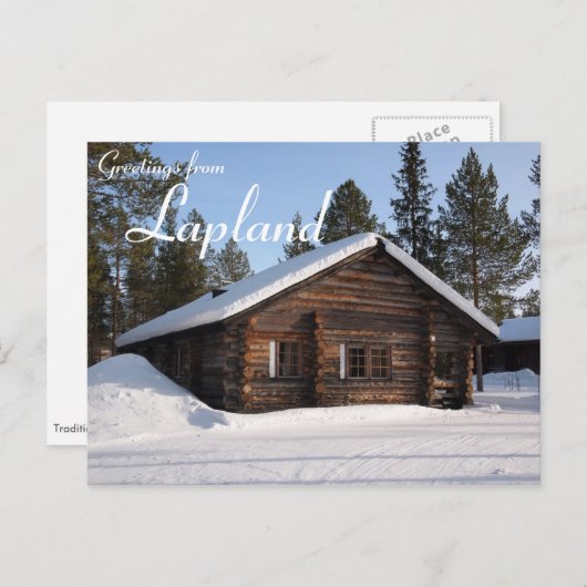 Met sneeuw bedekte blokhut in Lapland text briefka Briefkaart (Voorkant / Achterkant)