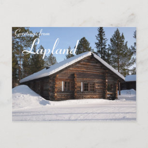 Met sneeuw bedekte blokhut in Lapland text briefka Briefkaart