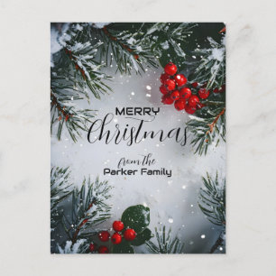 Met sneeuw bedekte dennen, Holly Berries, niet-fot Feestdagenkaart