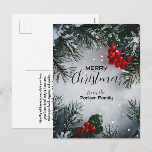 Met sneeuw bedekte dennen, Holly Berries, niet-fot Feestdagenkaart (Voorkant / Achterkant)