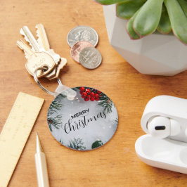 Met sneeuw bedekte dennen, Holly Berries, niet-fot Sleutelhanger