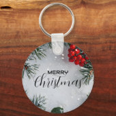 Met sneeuw bedekte dennen, Holly Berries, niet-fot Sleutelhanger (Voorkant)