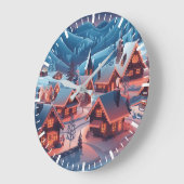 Met sneeuw bedekte huizen met kerstverlichting grote klok (Hoek)