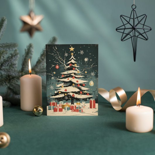 Met sneeuw bedekte kerstboom Ornamenten geschenkdo Feestdagenkaart