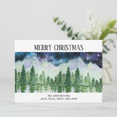 Met sneeuw bedekte pijnbomen bergen de nacht feestdagenkaart (Staand voorkant)
