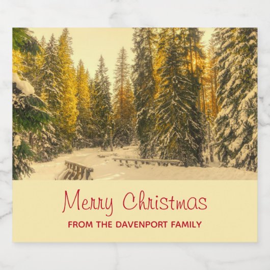 Met sneeuw bedekte pijnbomen bos Kerstmis foto's Bier Etiket (Enkel label)