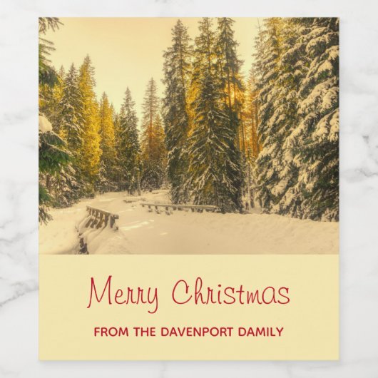 Met sneeuw bedekte pijnbomen bos Kerstmis foto's Wijn Etiket (Enkel label)