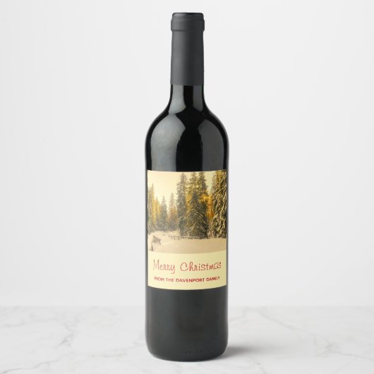 Met sneeuw bedekte pijnbomen bos Kerstmis foto's Wijn Etiket (Voorkant)