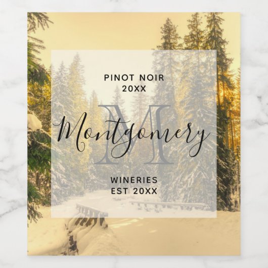 Met sneeuw bedekte pijnbomen Bosbos Wijnbereiding Wijn Etiket (Enkel label)