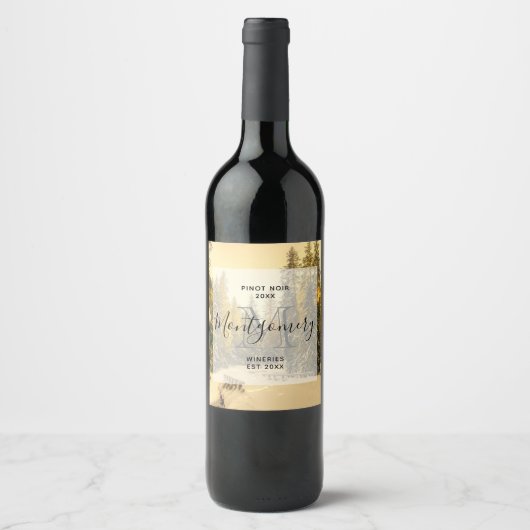 Met sneeuw bedekte pijnbomen Bosbos Wijnbereiding Wijn Etiket (Voorkant)