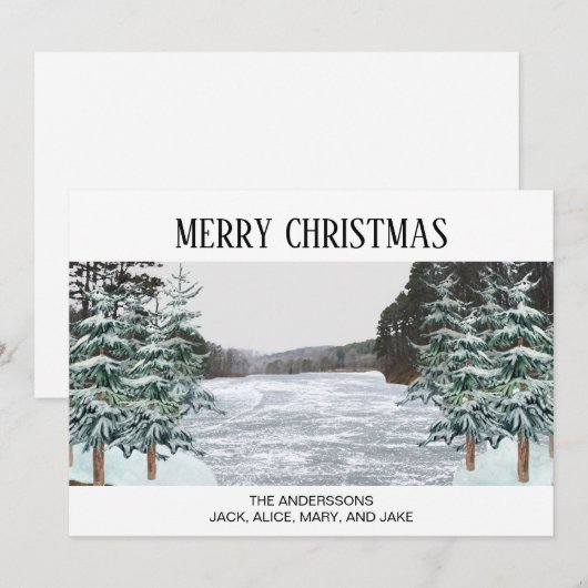 Met sneeuw bedekte pijnbomen Icy Lake Holiday Kaar Feestdagenkaart (Voorkant / Achterkant)