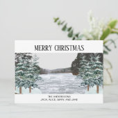 Met sneeuw bedekte pijnbomen Icy Lake Holiday Kaar Feestdagenkaart (Staand voorkant)