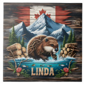 Met sneeuw bedekte toppen en Canadese bever Tegeltje (Voorkant)