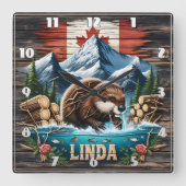 Met sneeuw bedekte toppen en Canadese bever Vierkante Klok (Voorkant)