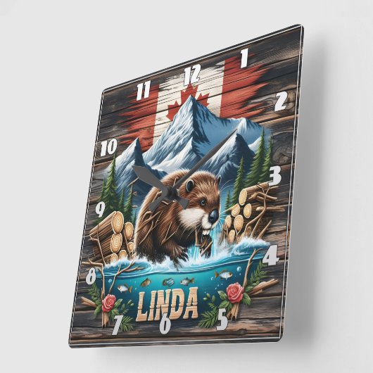 Met sneeuw bedekte toppen en Canadese bever Vierkante Klok (Hoek)