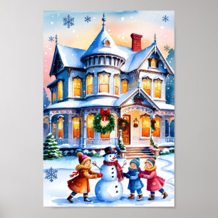 Met sneeuw bedekte Victoriaans House Wall Art Prin Poster