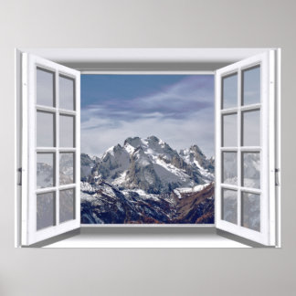 Met sneeuwgemak afgebroken bergen 3D-venster Poster
