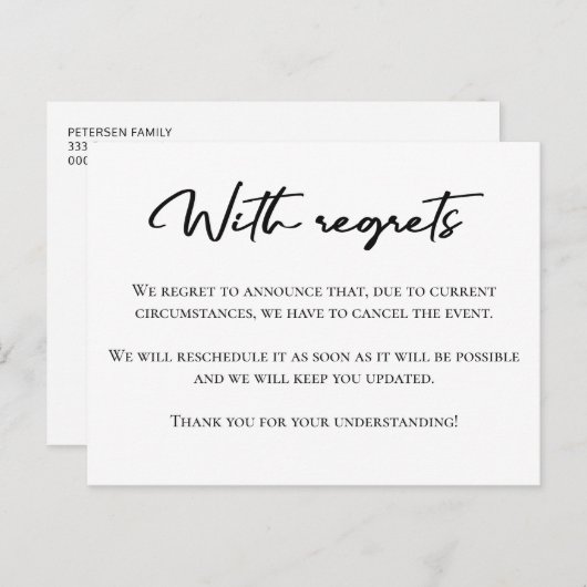 Met spijt zwart-wit annuleer aankondiging briefkaart (Voorkant / Achterkant)