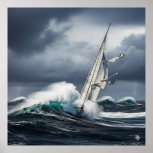 met storm geworpen zeilboot poster