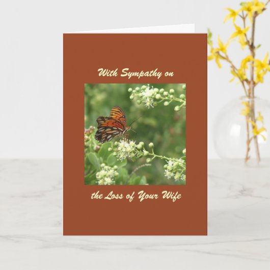 Met sympathie, verlies van vrouw, Oranje vlinder Kaart (Gele Bloem)