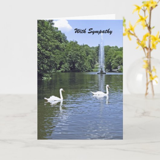 Met sympathie, witte zwanen en fontein groet kaart (Gele Bloem)