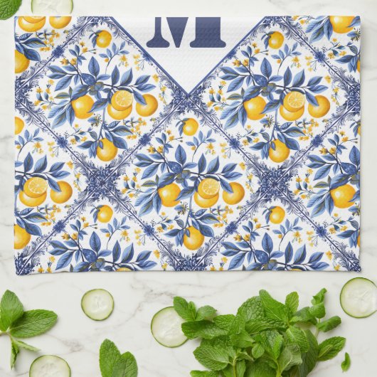 Met tekst & initiaal Lemon Azulejo met blauw Theedoek (Gevouwen)