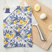 Met tekst & initiaal Lemon Azulejo met blauw Theedoek (Quarter Fold)