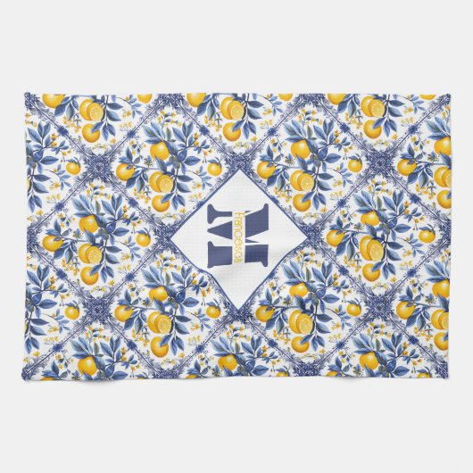 Met tekst & initiaal Lemon Azulejo met blauw Theedoek (Horizontaal)