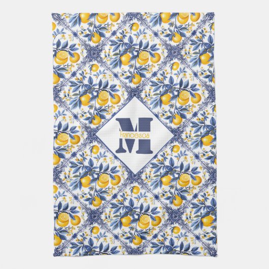 Met tekst & initiaal Lemon Azulejo met blauw Theedoek (Verticaal)