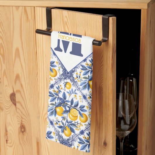 Met tekst & initiaal Lemon Azulejo met blauw Theedoek (Derde Gevouwen)