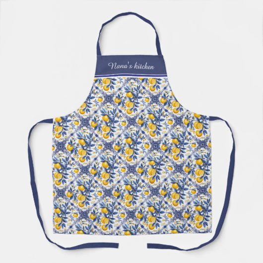 Met tekst Lemon Azulejo met blauwe elementen Schort (Voorkant)