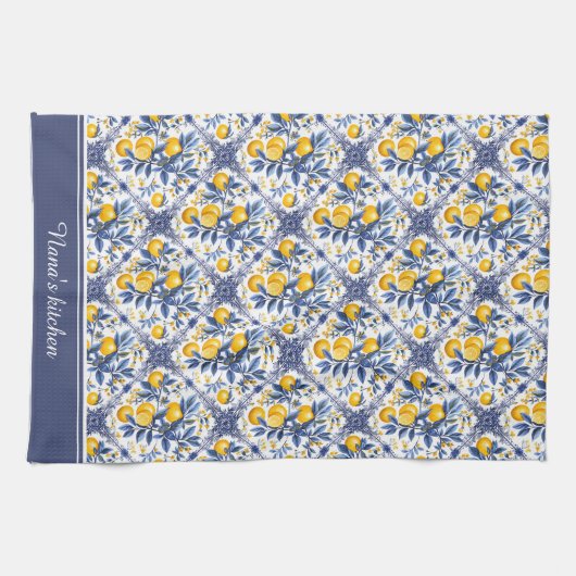 Met tekst Lemon Azulejo met blauwe elementen Theedoek (Horizontaal)