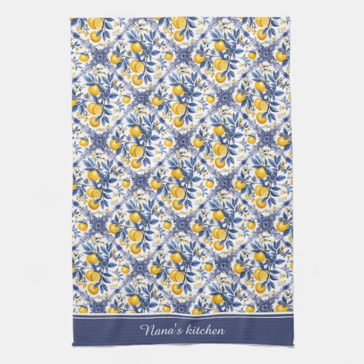 Met tekst Lemon Azulejo met blauwe elementen Theedoek (Verticaal)