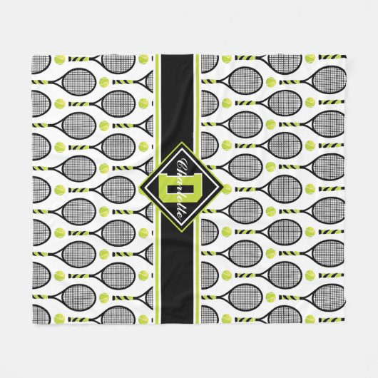 Met tekst 🎾 & monogram zwart en groene tennis wit fleece deken (Voorkant (Horizontaal))