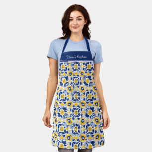 Met tekst Tot Blauw en geel, floral Azulejos Schort