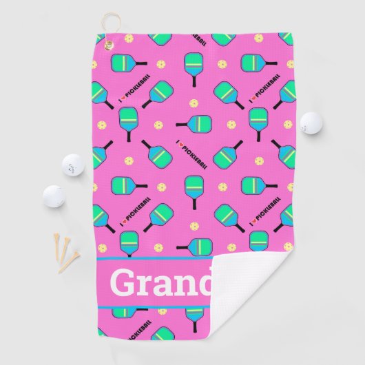 Met tekstpastel hou ik van Pickleball roze Golfhanddoek (Insitu)