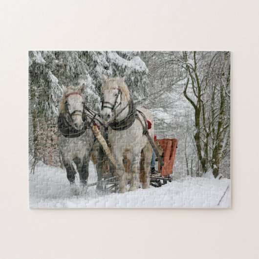 Met twee paarden uit open hoeken op sneeuwpad in B Legpuzzel (Horizontaal)