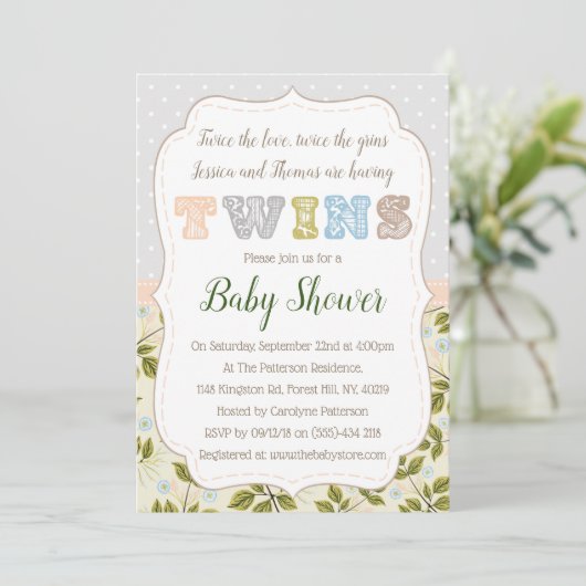 met tweelingen neutraal Baby shower Kaart (Staand voorkant)