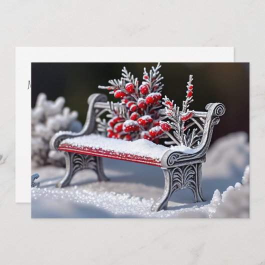 Met vorst bedekte bank in besneeuwde omgeving feestdagenkaart (Voorkant / Achterkant)