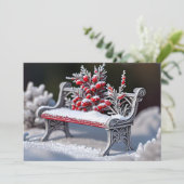 Met vorst bedekte bank in besneeuwde omgeving feestdagenkaart (Staand voorkant)