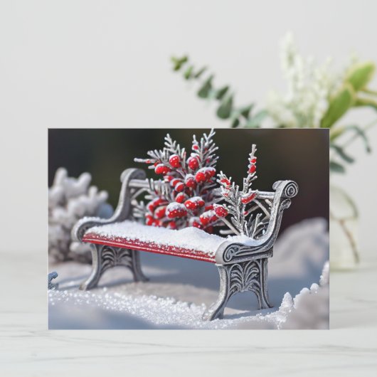 Met vorst bedekte bank in besneeuwde omgeving feestdagenkaart (Staand voorkant)