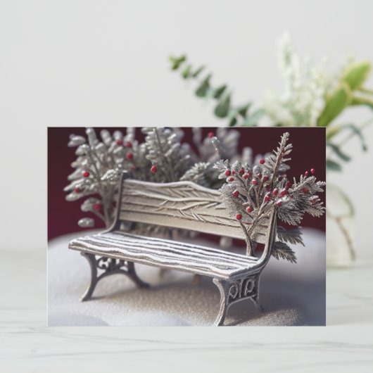 Met vorst bedekte bank met winterbessen feestdagenkaart (Staand voorkant)