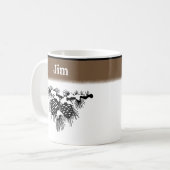 Met zwarte en witte sneeuw bedekte pinnen met naam koffiemok (Voorkant links)