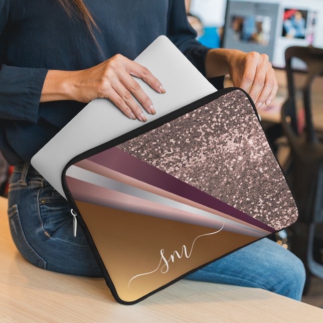 Metaal 3D-Monogram Roze Gouden Glitter Uitziend Laptop Sleeve (Creator heeft geüpload)