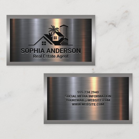 Metaal Aluminium Zilver Geborsteld | Vastgoed Logo Visitekaartje (Voorkant / Achterkant)