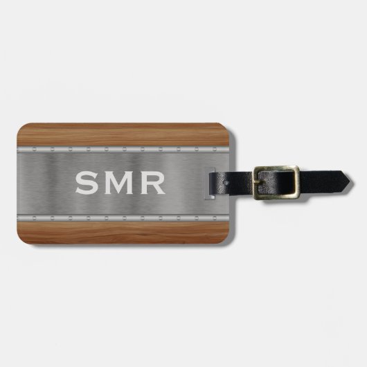 Metaal Hout Uitzicht Modern Persoonlijk Monogram Bagagelabel (Voorkant horizontaal)